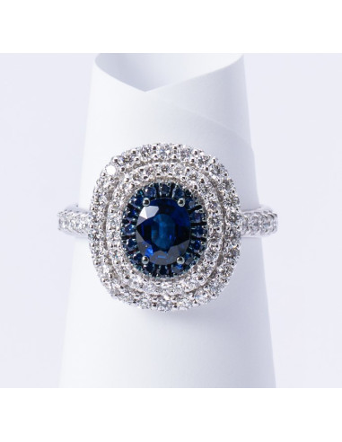 Anello Solitario Oro Bianco 18kt Zaffiro Ovale e Diamanti AN825001