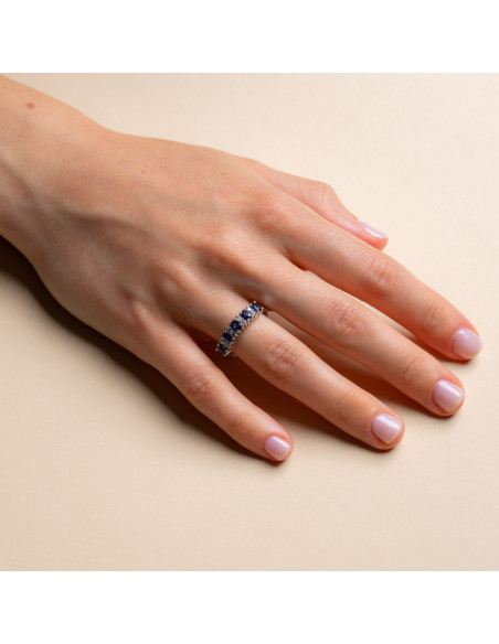 Anello Riviera Oro Bianco 18 kt Zaffiri Ovali e Diamanti AN825003