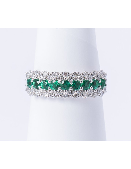 Anello Fascia Oro Bianco 18kt Smeraldi e Diamanti AN825010